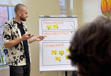 Coach arbeitet mit Klient am Flipchart