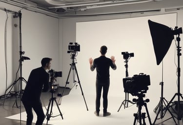 A laptop displaying audio editing software is on a wooden table. Nearby is a large microphone mounted on a stand, and the hands of two people who appear to be talking or recording. An open book is also visible, suggesting note-taking or script reading.