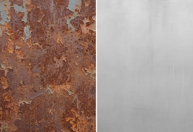 Antes y después de una plancha de metal oxidada