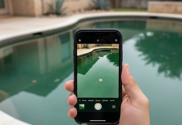 Central Texas homeowner scheduling green pool cleanup on smartphone