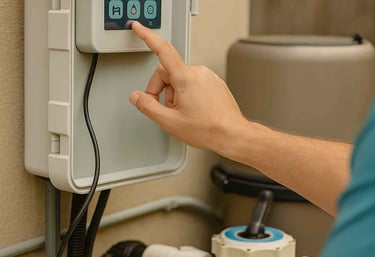 Technician adjusting pool control panel during equipment installation in Lakeway Texas.