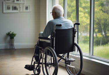 An elderly person with short hair sits in front of a closed wooden door, wearing a sleeveless shirt, and appears to be making a gesture with one hand. The setting suggests an indoor environment with faint natural light coming through a window, partially covered with lace curtains.