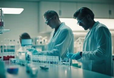 Two male scientists in lab coats and safety glasses conducting pharmaceutical research with test tubes.