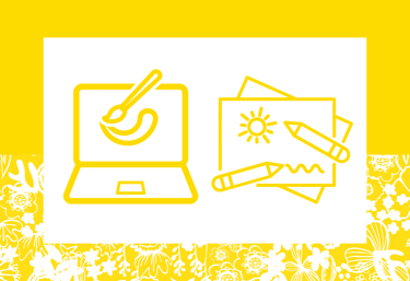 Image of a laptop, paintbrush and illustrations