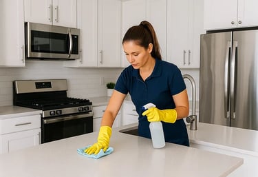 cleaning professional wiping a modern kitchen counter