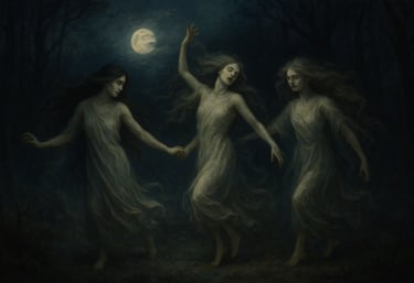Iele dancing in moonlit forest