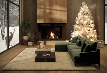 Render espacio interior navideño, salón acogedor con chimenea, decorado de navidad, vistas al bosque