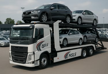 MSLS multi-car transporter hauling a full load of new vehicles.