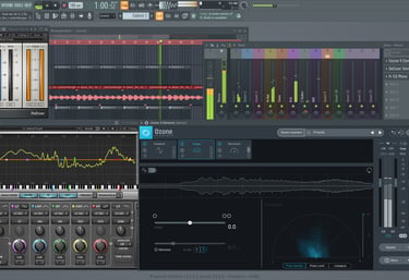 A desktop screen showing FL Studio digital audio workstation with Ozone 9 and H-EQ plugins for music production.