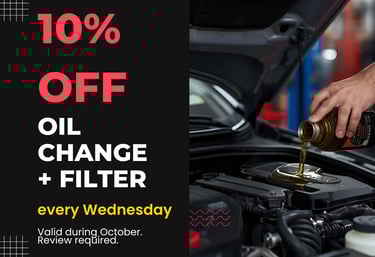 Oil being poured into car engine during 10% off oil change and filter service at Fast Tire Shop East