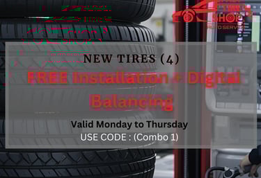 Stack of new tires ready for installation and digital balancing promotion at Fast Tire Shop East LA
