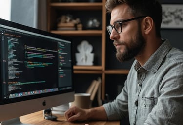 A web programmer man sitting at a desk with a computer monitor and keyboard creating a website