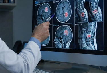 Neurologist reviewing brain MRI and spine CT scans with highlighted abnormal findings on a computer monitor.