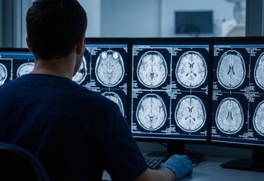 Neurologist reviewing multiple brain MRI scans on diagnostic imaging monitors.