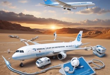 A person is seated comfortably inside a private jet, wearing a blue suit jacket and light-colored trousers. The interior features plush beige leather seats and a window through which soft light filters, creating a serene atmosphere. The cabin has elegant wood and gold-tone detailing.