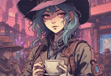 A dimly lit, futuristic setting with two individuals in elaborate costumes. One person is wearing a long black outfit and a gas mask, giving an impression of anonymity. The other person, with vivid red hair styled in buns, is dressed in intricate black leather attire with belts and gloves, exuding a punk or cyber-goth aesthetic. Neon blue lighting creates an industrial and otherworldly atmosphere.