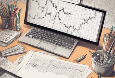 A laptop on a table displaying a cryptocurrency trading platform. The screen lists various cryptocurrencies along with their buy and sell values, spread percentages, and 24-hour change percentages. The keyboard and touchpad of the laptop are visible, set against a neutral background with a sofa in the back.