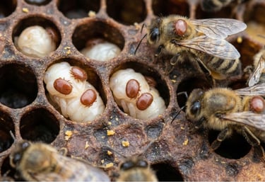 Varroa mites infesting honey bee larvae and adult bees inside a honeycomb hive.
