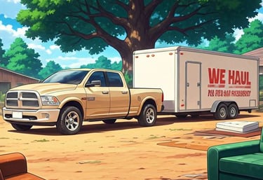 Truck towing trailer for Junk Removal services.