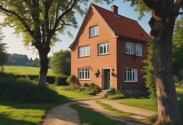 A modern residential building surrounded by lush greenery and trees. There are palm trees and neatly trimmed hedges in front of the building. Cars are parked along the street in front of the building, with a bicycle rack in the foreground. The sky is clear and blue, indicating a bright day.
