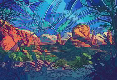 a painting of a mountain in the grand canyon with drawings in the sky