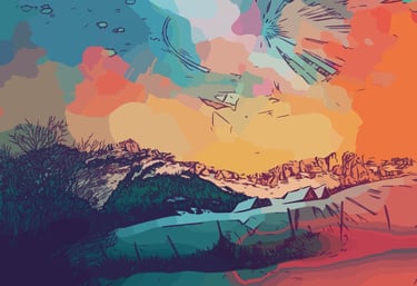 a snowy landscape with mountain and a colorful sky