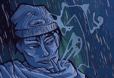 a man smoking a cigarette in a dark blue and green background