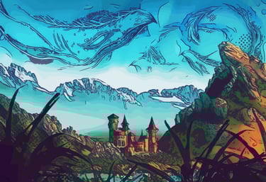 a castle like building with a sky full a whales