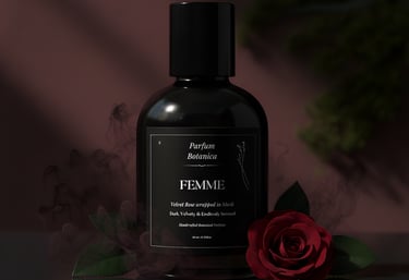 a bottle of perfume with a rose on a table