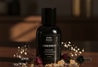 a bottle of perfume and flowers on a table