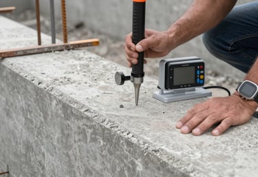 Technician inspecting a residential building facade with measuring tools.