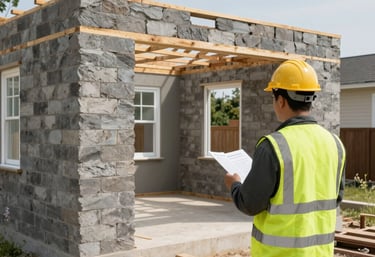Close-up of hands analyzing property documents and blueprints on a desk.