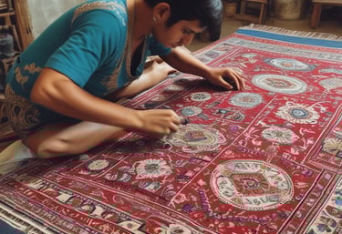 A close-up of a vibrant handwoven rug displaying intricate patterns and textures.
