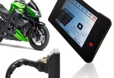 a motorcycle with a tablet and a tablet on it