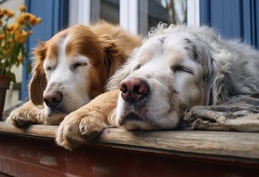 two dogs are sleeping on a porch.