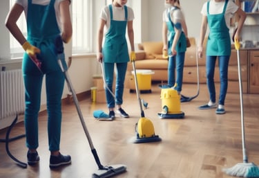 A sunlit patio with terracotta tiles is adorned with cleaning equipment, including a wet and dry vacuum, containers of cleaning solutions, and a pressure washer. A portion of a white car is visible near a hedge-lined driveway, while lush green vegetation and a manicured lawn provide a backdrop.