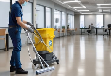 A person wearing protective clothing, a face mask, and gloves is cleaning a white cushioned furniture piece using a vacuum cleaner. The setting appears to be indoors with bright natural light streaming in through large windows. A green potted plant is placed next to a white sofa, adding a touch of nature to the clean and tidy environment.