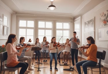 A vibrant violin class in session with students of various ages.