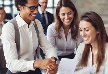 A diverse group of employees collaborating in a bright, open workspace.
