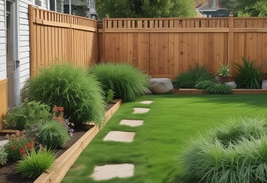 A house is under construction with scaffolding surrounding it. The building is two stories high and features a large, steeply pitched roof. The exterior walls are unfinished, and corrugated metal sheets form a temporary barrier around the site. The foreground shows a grassy area with scattered bushes, and the sky is partly cloudy.