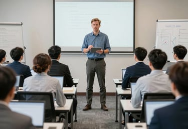 A modern architectural building with sleek, angular lines and large glass windows. The structure features a rooftop deck with railings. People can be seen walking near the entrance, and traffic cones are placed on a wooden deck area, adding an industrial yet clean aesthetic.