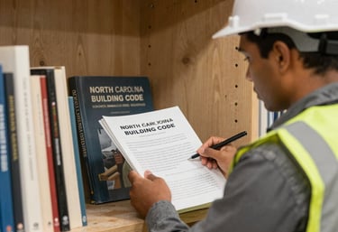 A modern architectural building with sleek, angular lines and large glass windows. The structure features a rooftop deck with railings. People can be seen walking near the entrance, and traffic cones are placed on a wooden deck area, adding an industrial yet clean aesthetic.