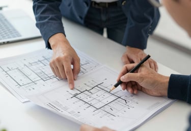 A modern architectural building with a combination of wood and glass materials. The facade features large windows and a glass balcony, creating a sleek and contemporary look. The background displays the reflective glass surface of a taller building.