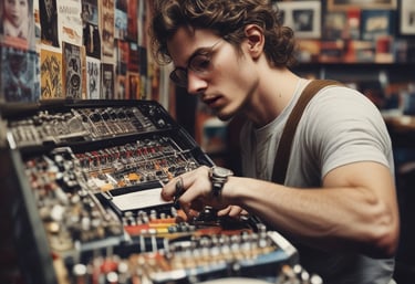 a man riding a skateboard down a street next to tall buildings