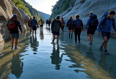 Group hiking through a secluded natural canyon with water.