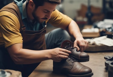 A person is concentrating intently on crafting a shoe by hand in a workshop that appears cluttered with various tools and materials. They are wearing a sports jersey and are deeply focused on their work.