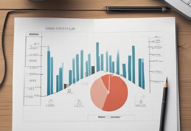 A copy of the book titled 'The 1-Page Marketing Plan' lies on a gray textured surface. The book cover is bright yellow with bold red, white, and green text. Surrounding the book are various small objects: a metallic laptop partially visible on the top left, a pair of white wireless earphones, a blue bookmark with the text 'one more page,' and other small, colorful items.