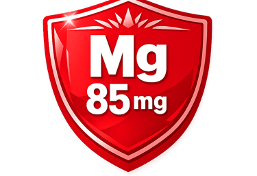 Red shield icon displaying Mg 85mg for magnesium dietary supplement dosage and immune protection.
