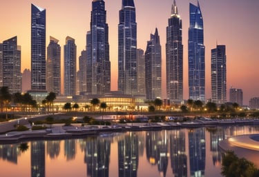 Four professionals in suits discussing in an office.