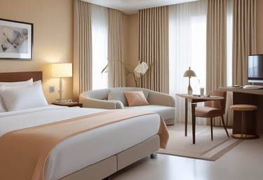 A hotel room with a neatly made bed featuring two yellow cushions and two bedside lamps providing warm lighting. A black and white headboard contrasts with the beige walls. In the foreground, a tray on a counter holds glass tumblers, mugs, and various coffee sachets. A promotional card for travel assistance leans against the tray.